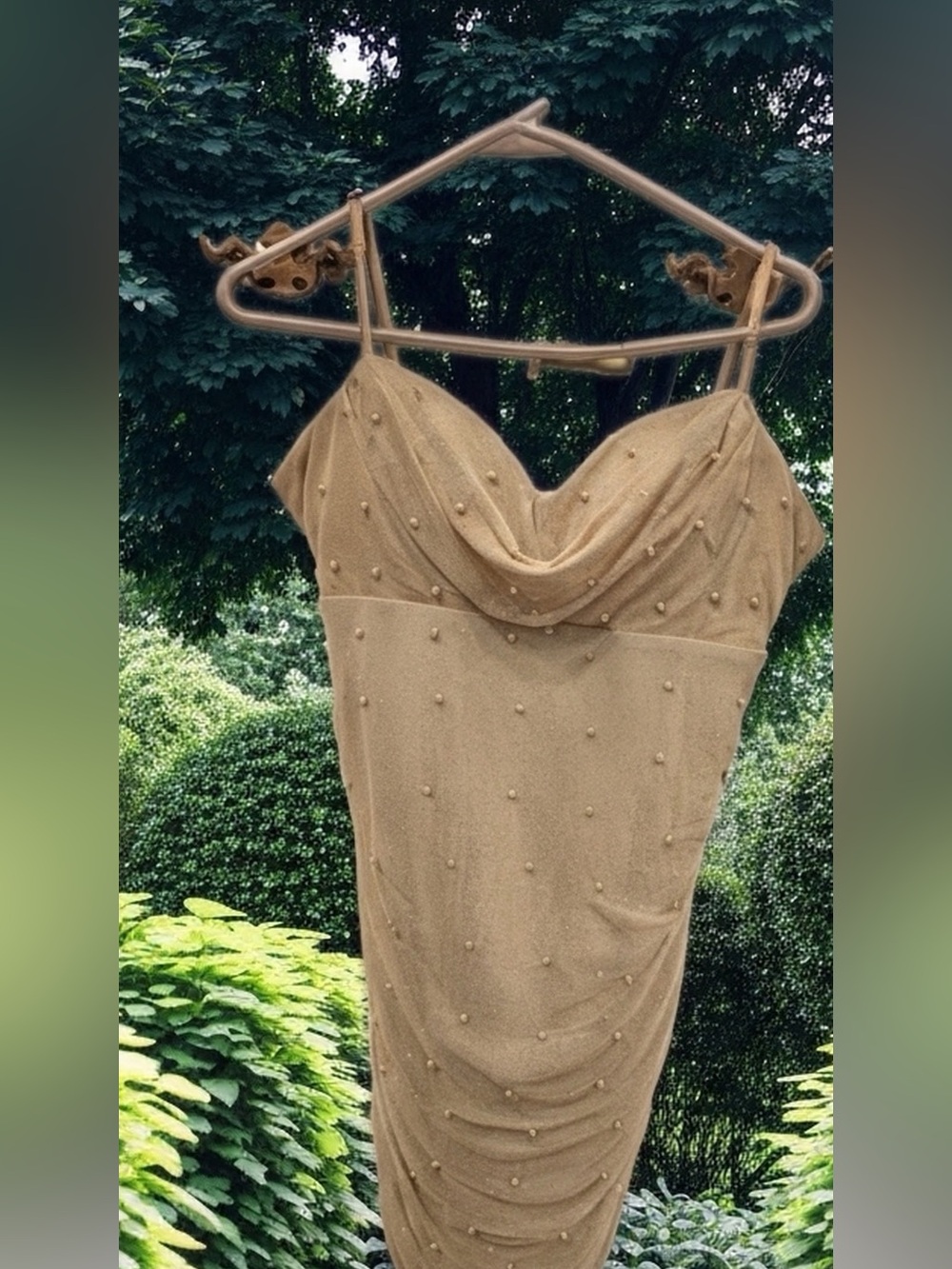 Emerald Sundae Cream Beaded Cowl Neck Mini Dress light gold & pearl Sm